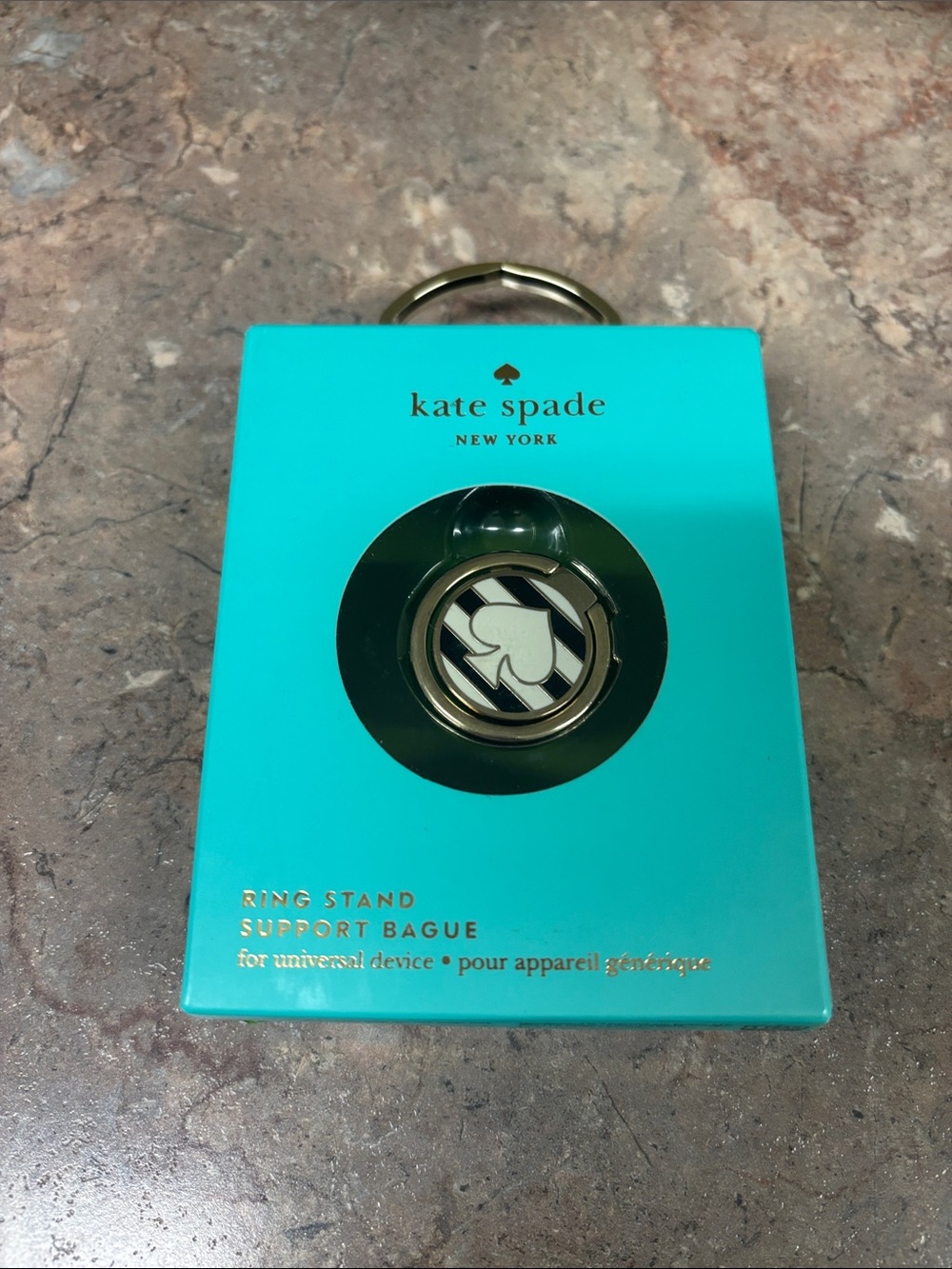 kate spade turquoise and black phone ring stand with gold trim